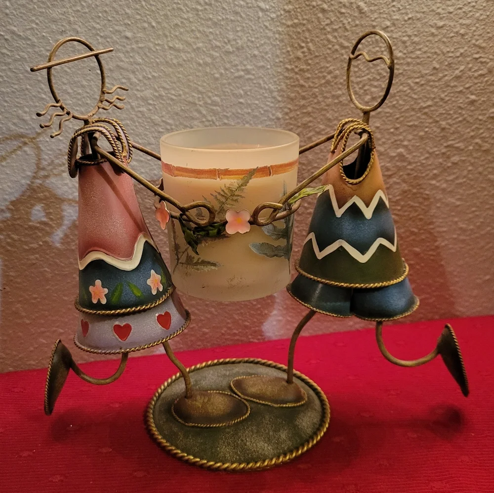 Vtg Candle Holder Metal Art Hand Painted Cone Shaped Man Woman Flowers Hearts